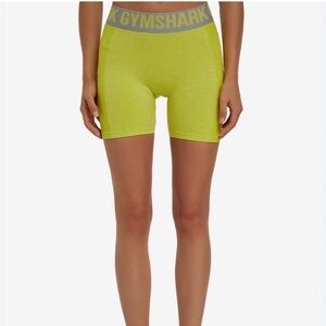 Gymshark Flex Shorts, Sz. S, Gray waistband, greenish yellow shorts, 3” inseam